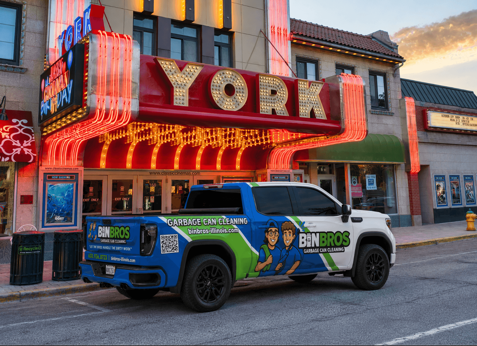 Bin Bros garbage can cleaning truck in front of the Elmhurst Theatre